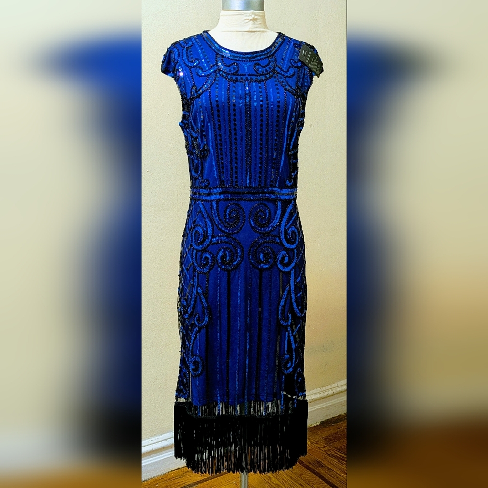 Vijiv Blue & Black Sequin Fringe Hem Dress Size L
